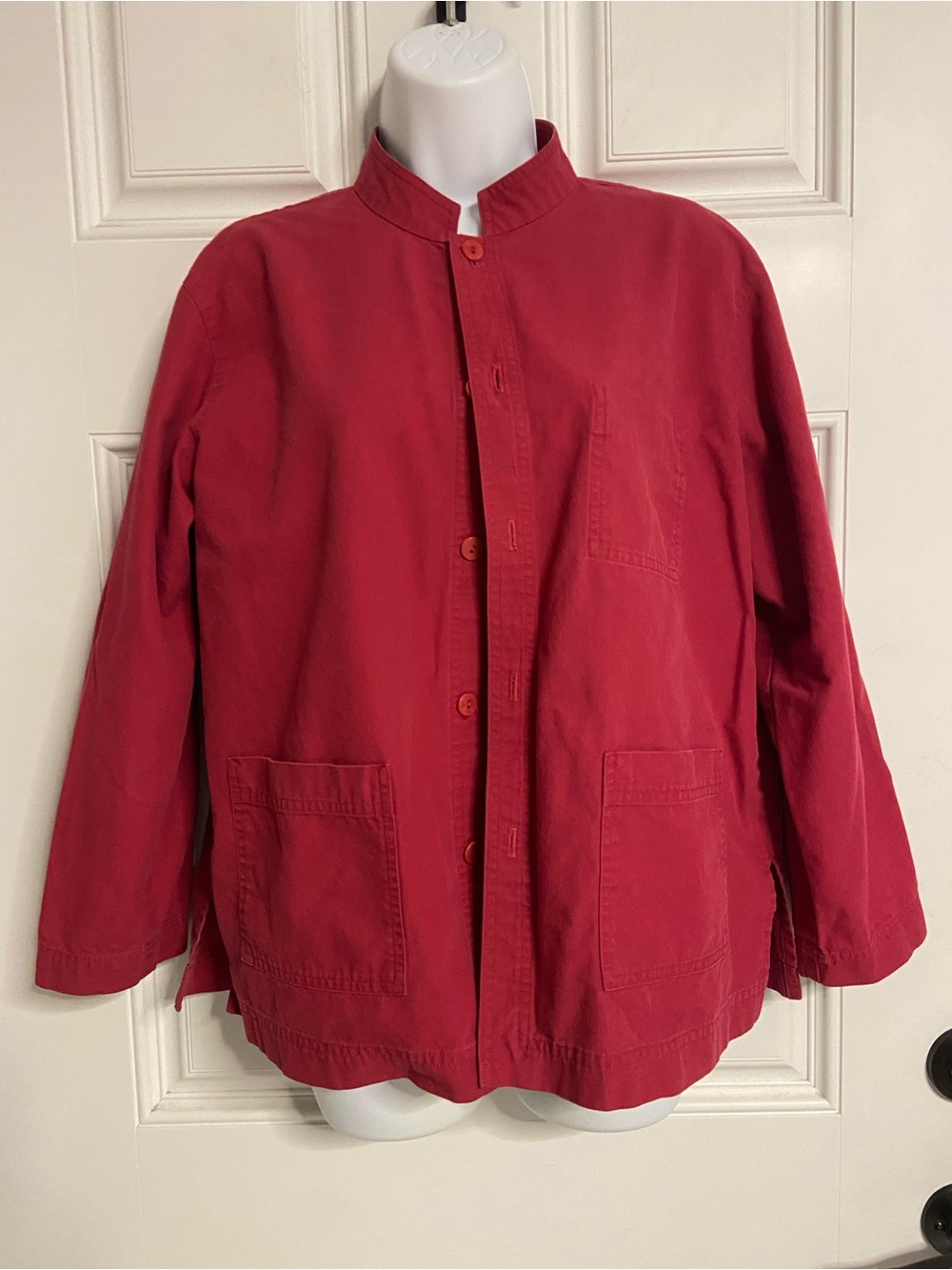 T43a- EILEEN FISHER Red COTTON MANDARIN COLLAR PATCH POCKET Blazer Jacket
